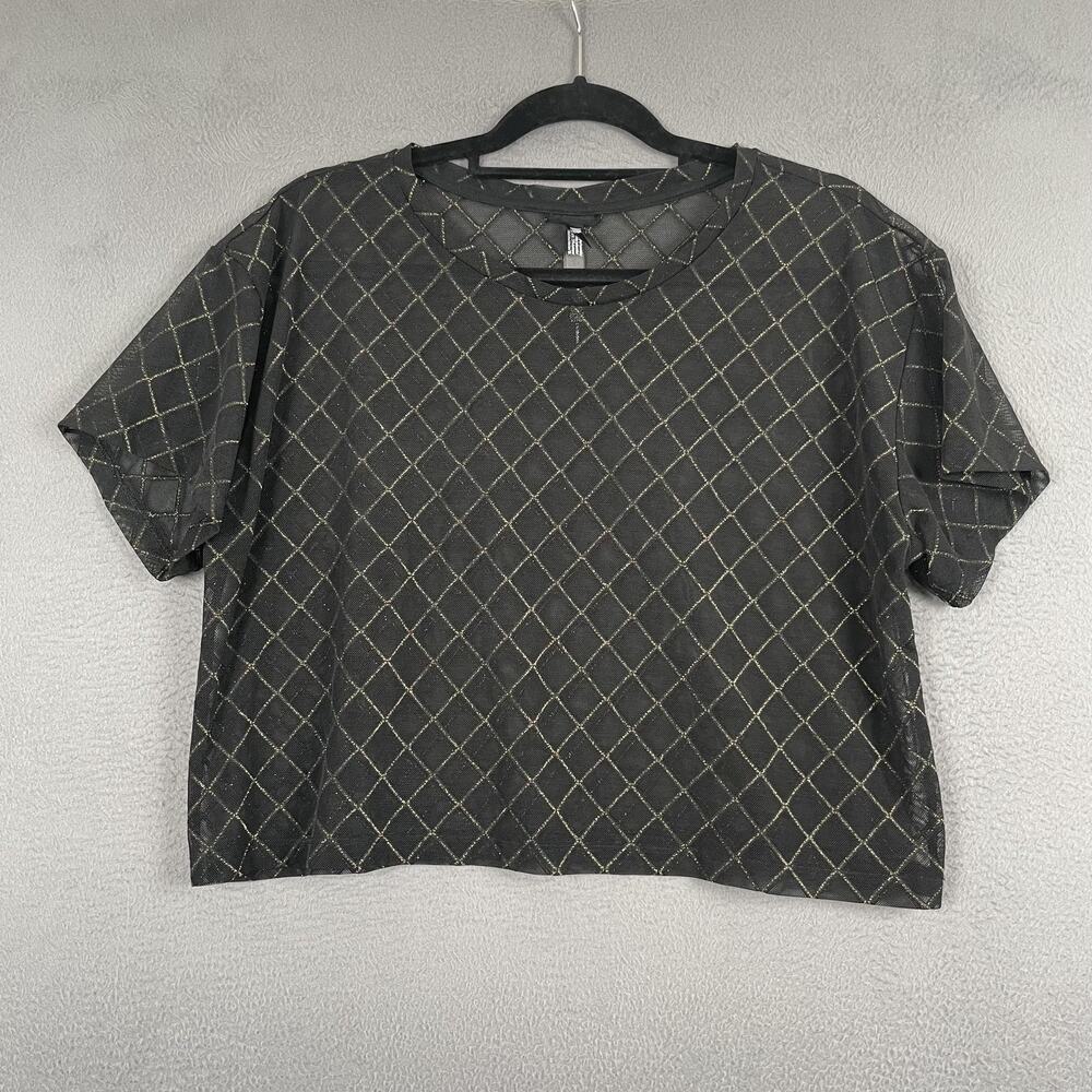 Victoria Sport Shirt Womens Large Black Gold Mesh Sheer Athletic Workout Top